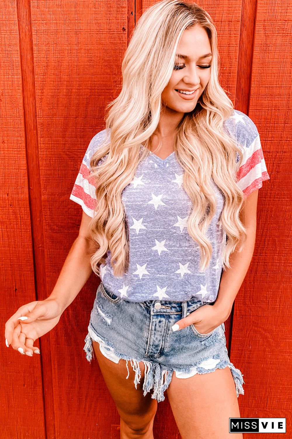 Blue Striped Sleeve Stars Print V Neck Tee