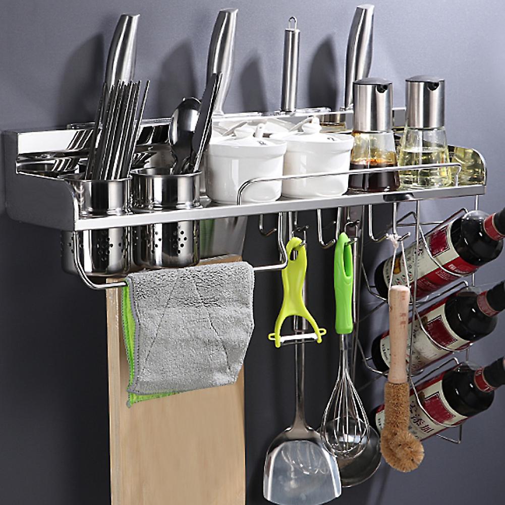 304 Stainless Steel Wall-Mounted Kitchen Multi-Functional Storage Rack Shelf with Hanging Basket and Cups