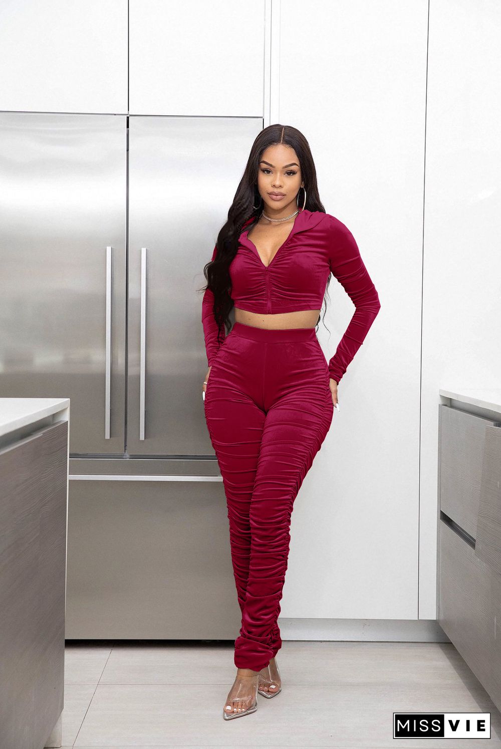 Velvet Zipper Hooded Jacket Crop Top Pants Set