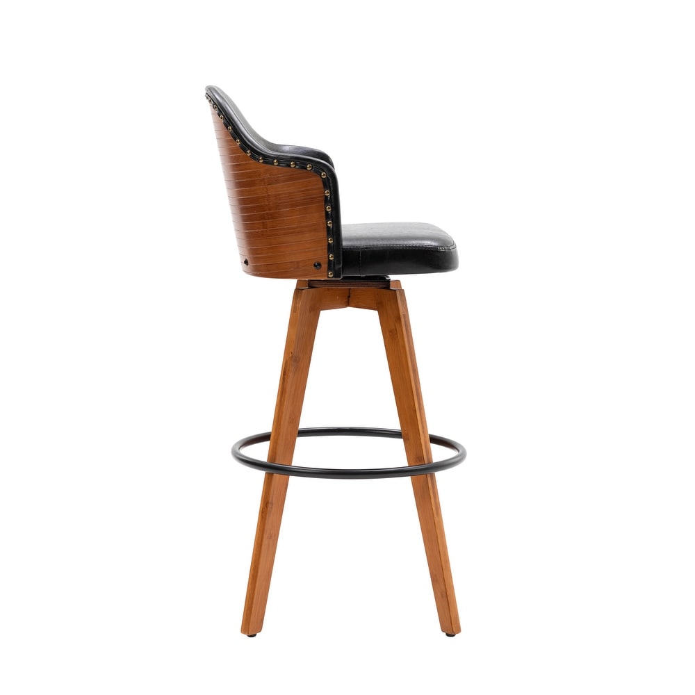 Porthos Home Idan Swivel Bar Stool  PU Leather Upholstery  Bamboo Legs