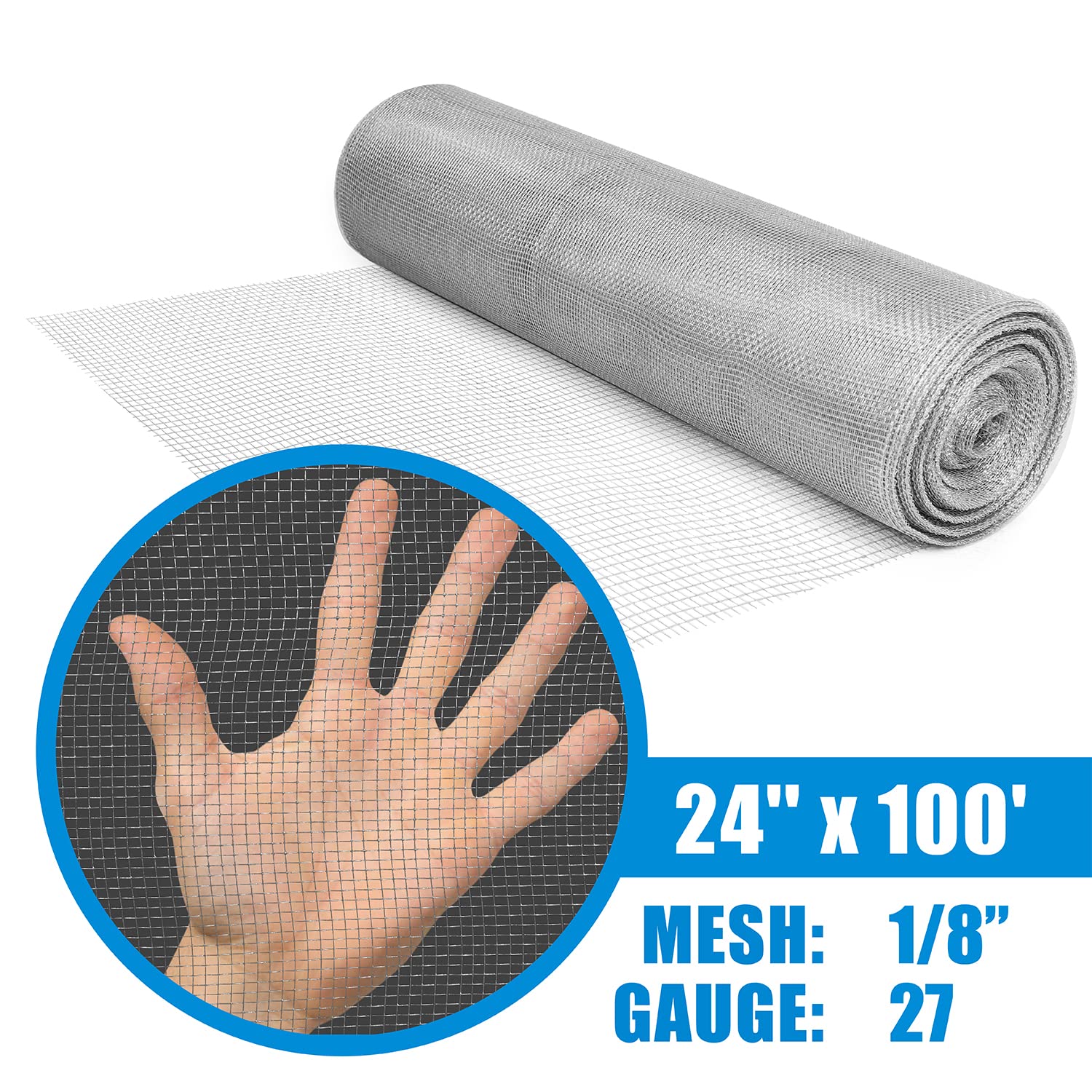 Fencer Wire 27 Gauge 24" x 100' Hardware Cloth, 1/8 inch Mesh Galvanized Steel Wire Rolled Woven, Keeping Out of Bees, Wasps and Mid to Large-Sized Insects