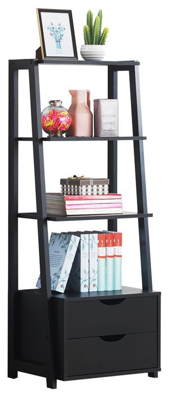 Costway 4 Tier Contemporary MDF Ladder Bookcase with 2 Drawers in Black   Transitional   Bookcases   by Homesquare  Houzz