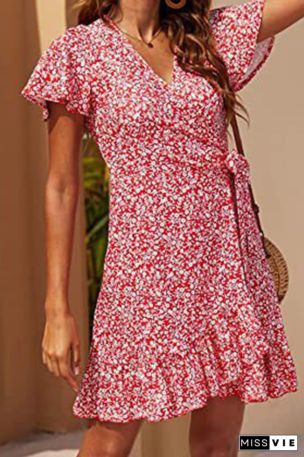 V Neck Side Tie Ruffles Hem Floral Dress