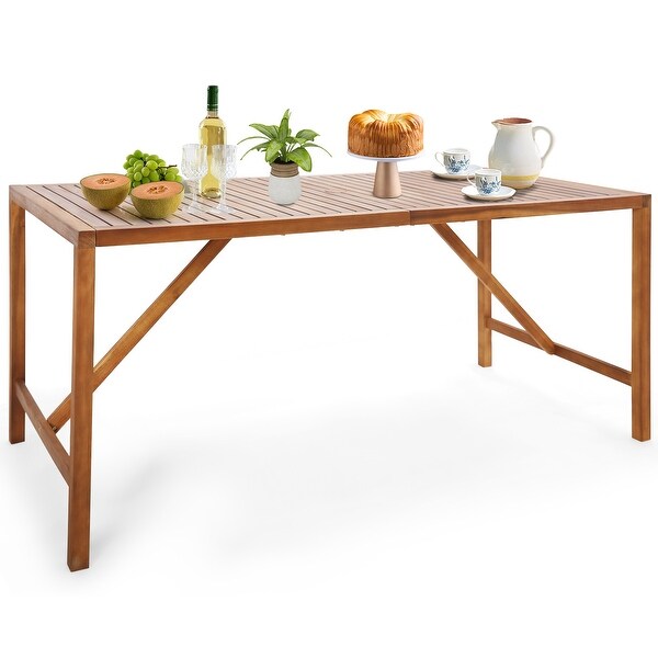 Gymax Rectangle Acacia Wood Dining Table Spacious Slatted Top Up to 6