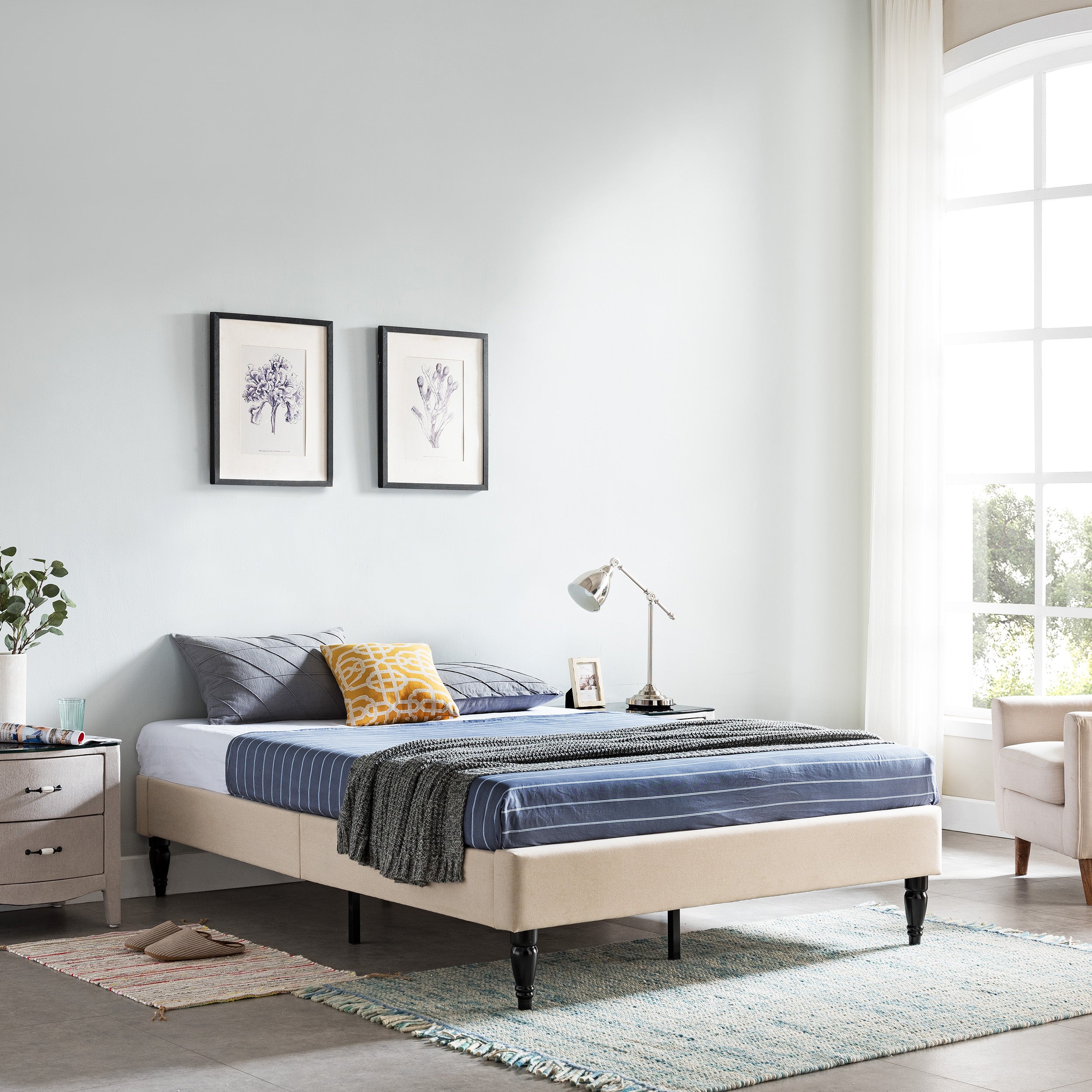 Luca Contemporary Upholstered Queen Bed Frame with Turned Legs