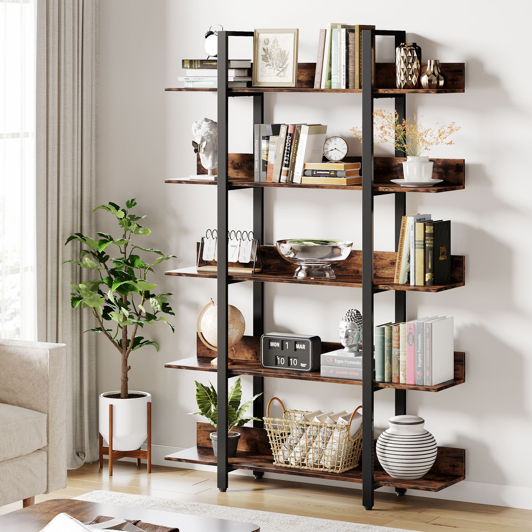 5-Shelf Bookshelf, Freestanding Etagere Bookcase Display Shelf