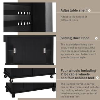 Black Rubber Wood Top 52.2 in. W Kitchen Island on 4-Wheels with Sliding Barn Door and 2-Drawers VJ033KIsland26