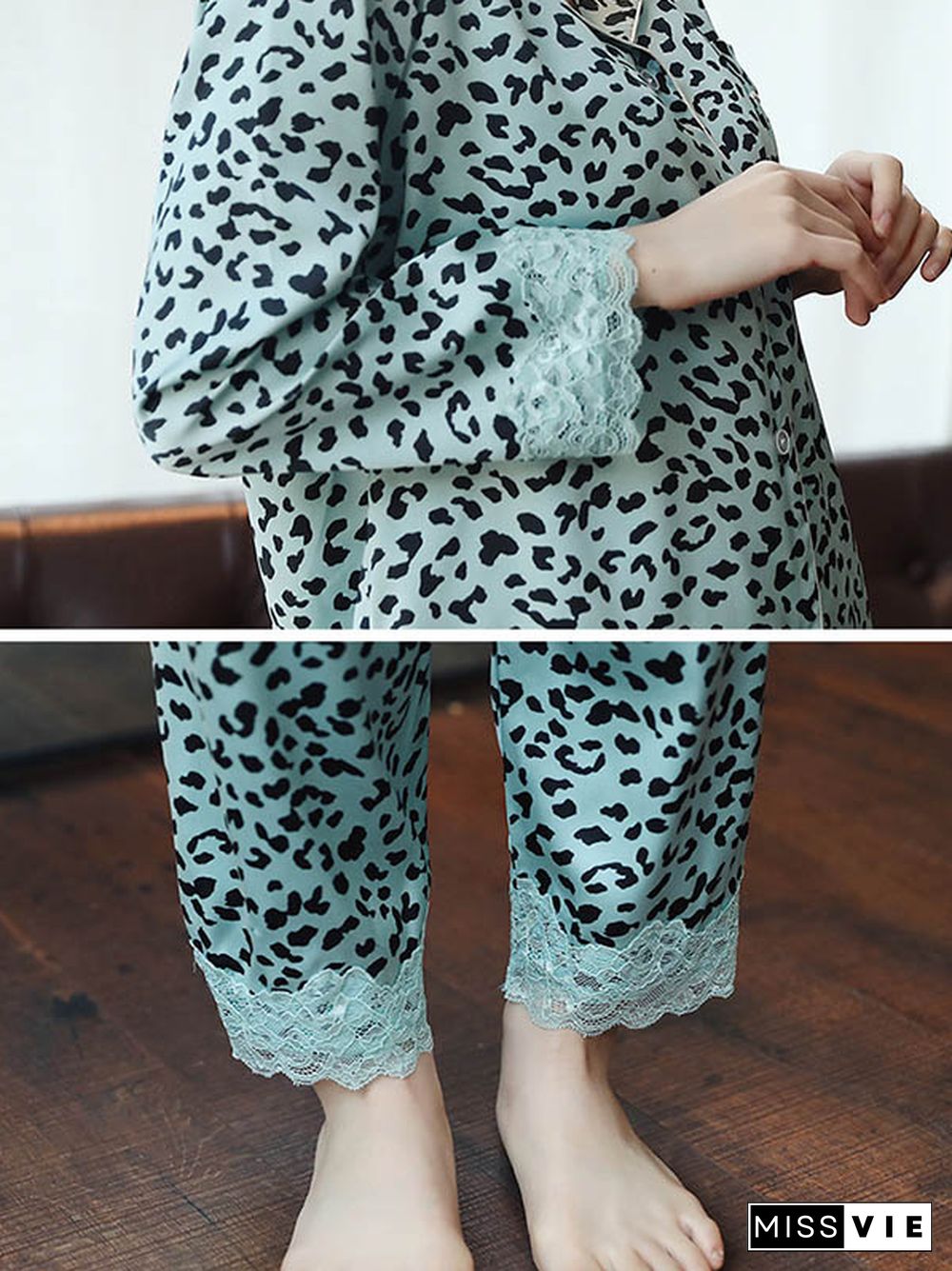 Comfortable Lapel Leopard T-Shirt&Pants Pajama Set