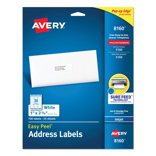 Avery Easy Peel White Address Labels w/ Sure Feed Technology， Inkjet Printers， 1 x 2.63， White， 30/Sheet， 25 Sheets/Pack (8160)