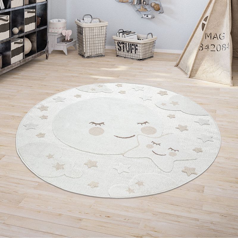 Round Kids Rug Cuddly Moon and Stars Motif Indoor and Outdoor