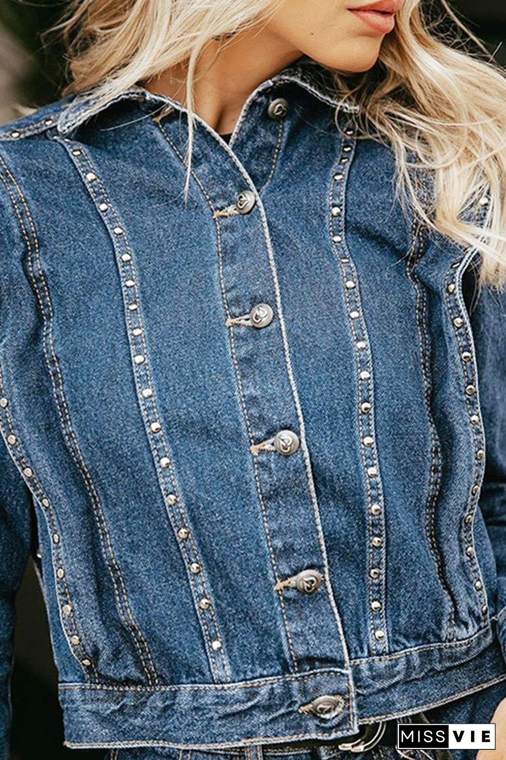 Turn Down Collar Beading Button Closure Denim Jacket Women Wholesale