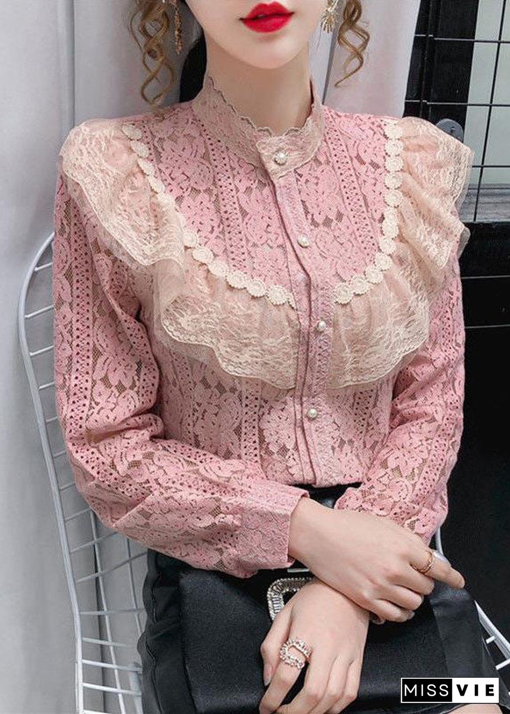 Pink Lace Loose Shirt Top button Hollow Out Long sleeve