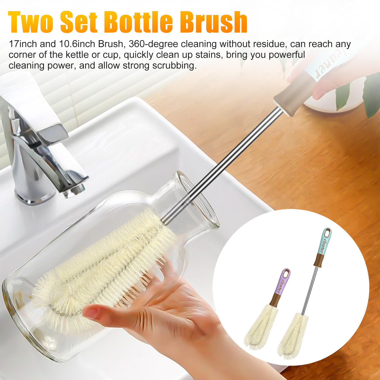 2pcs Water Bottle Brushes， TSV Bottle Brush Cleaner with Durable Handle， Long Handle Bottle Cleaner for Washing Narrow Neck Beer Bottles， Sports Water Bottles with Straw Brush， Lid Cleaner Brushes