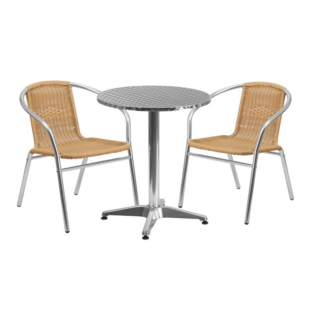 Flash Furniture Lila 23 5 x27 x27 Round Aluminum Indoor outdoor Table Set With 2 Rattan Chairs