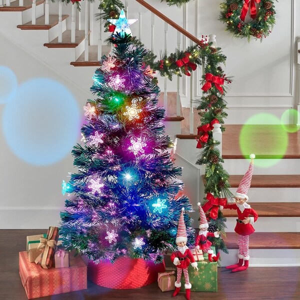 5 ft PreLit Artificial Christmas Tree，Lighted Xmas Trees with LED Lights，Snowflakes，Top Star，Holiday Fake Tree with Legs