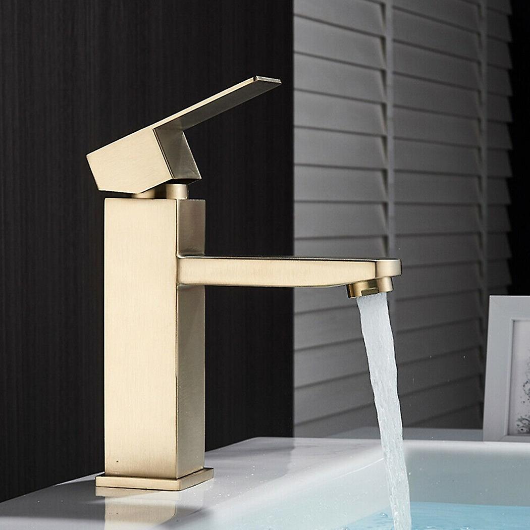 1pc Bathroom Basin Sink Tap Mixer Brushed Gold Stainless Steel Deck Mounted Single Hole And Cold Water Square Faucet