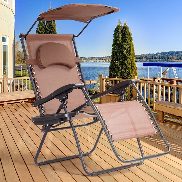 Tangkula Recling Zero Gravity Chair With Drink Tray amp Sunshade Brown