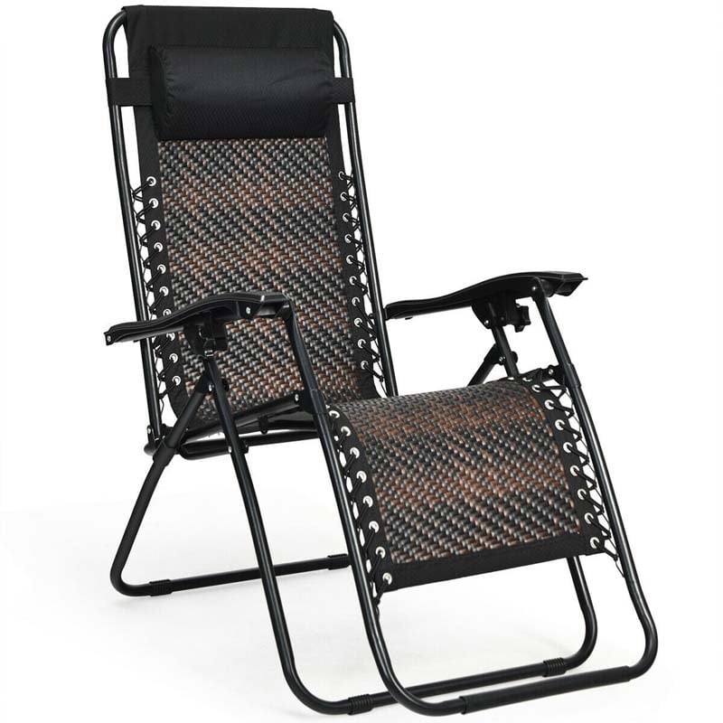 Rattan Folding Zero Gravity Lounge Chair Outdoor with Removable Pillow, Locking System, Adjustable Portable Patio Armchair