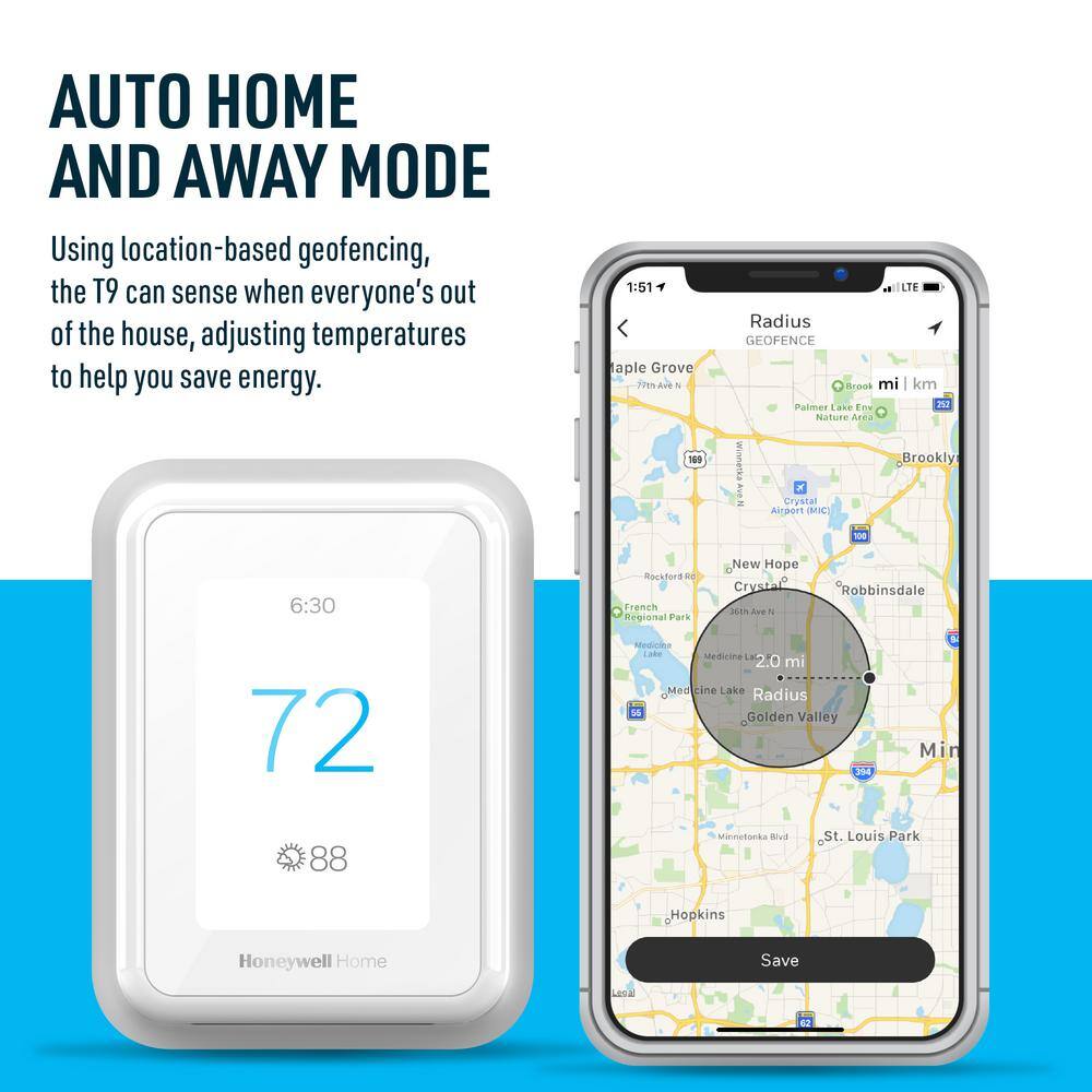 Honeywell T9 WiFi 7-Day Programmable Smart Thermostat with Touchscreen Display RCHT9510WFW2001