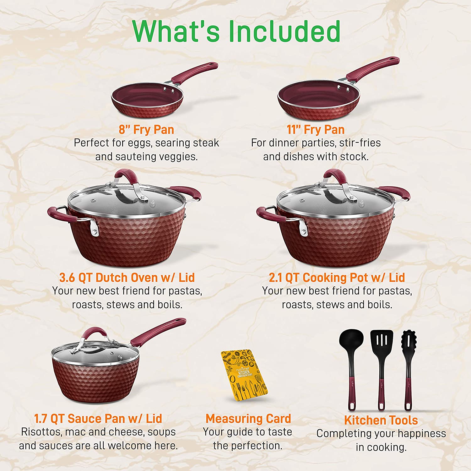 NutriChef Nonstick Cookware Excilon Home Kitchen Ware Pots and Pan Set with Saucepan Frying Pans， Cooking Pots， Lids， Utensil PTFE/PFOA/PFOS free， 11 Pcs， Purple Diamond， One size