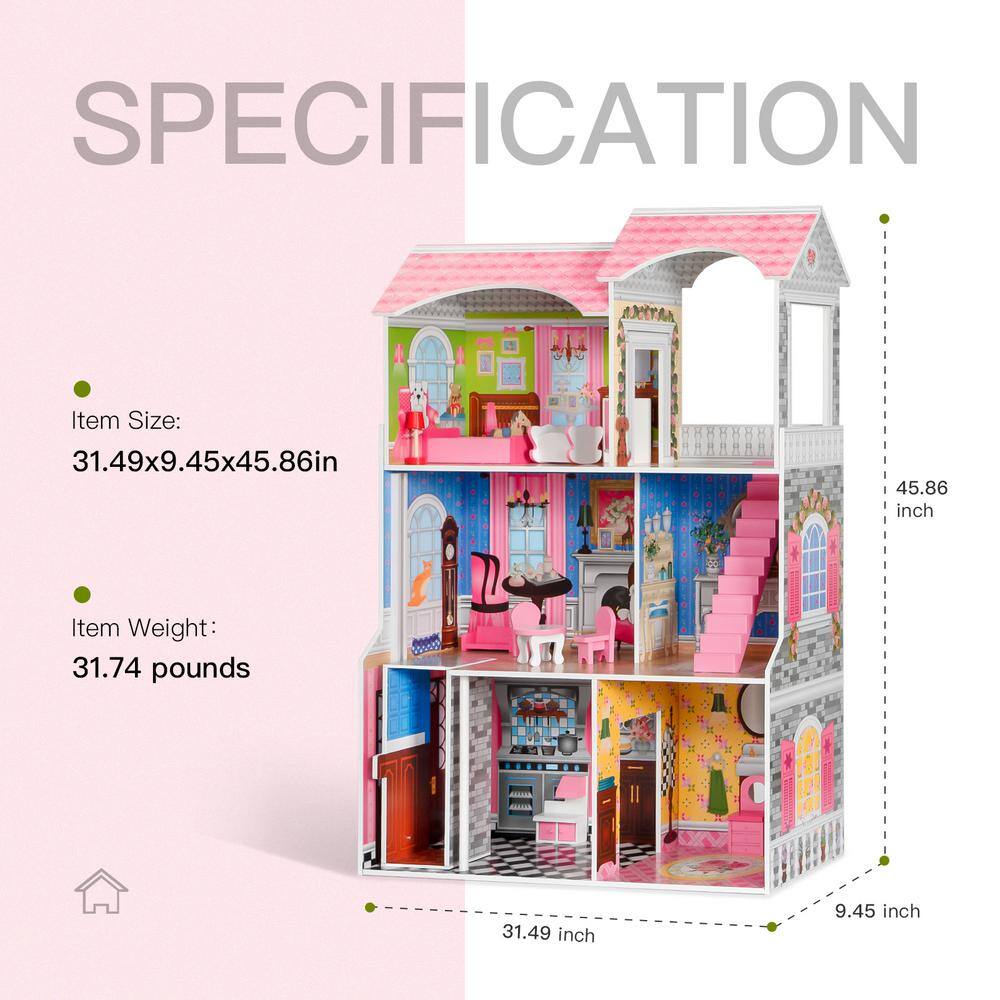 Huluwat Pink Classic Wooden Dollhouse for Toddlers with of Furniture(10-Pieces) DJ-TC-EL-WG154