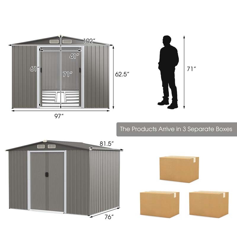 8 x 6 FT Outdoor Metal Storage Shed Garden Tool Storage Room with Foundation, 4 Louvers, Double Doors & Ramp