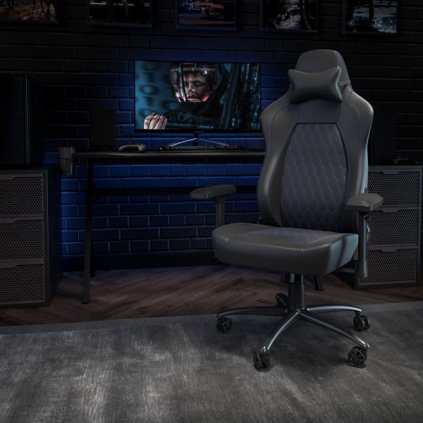 Falco Ergonomic High Back Adjustable Gaming Chair with 4D Armrests， Headrest Pillow， and Adjustable Lumbar Support， Black with Blue Stitching