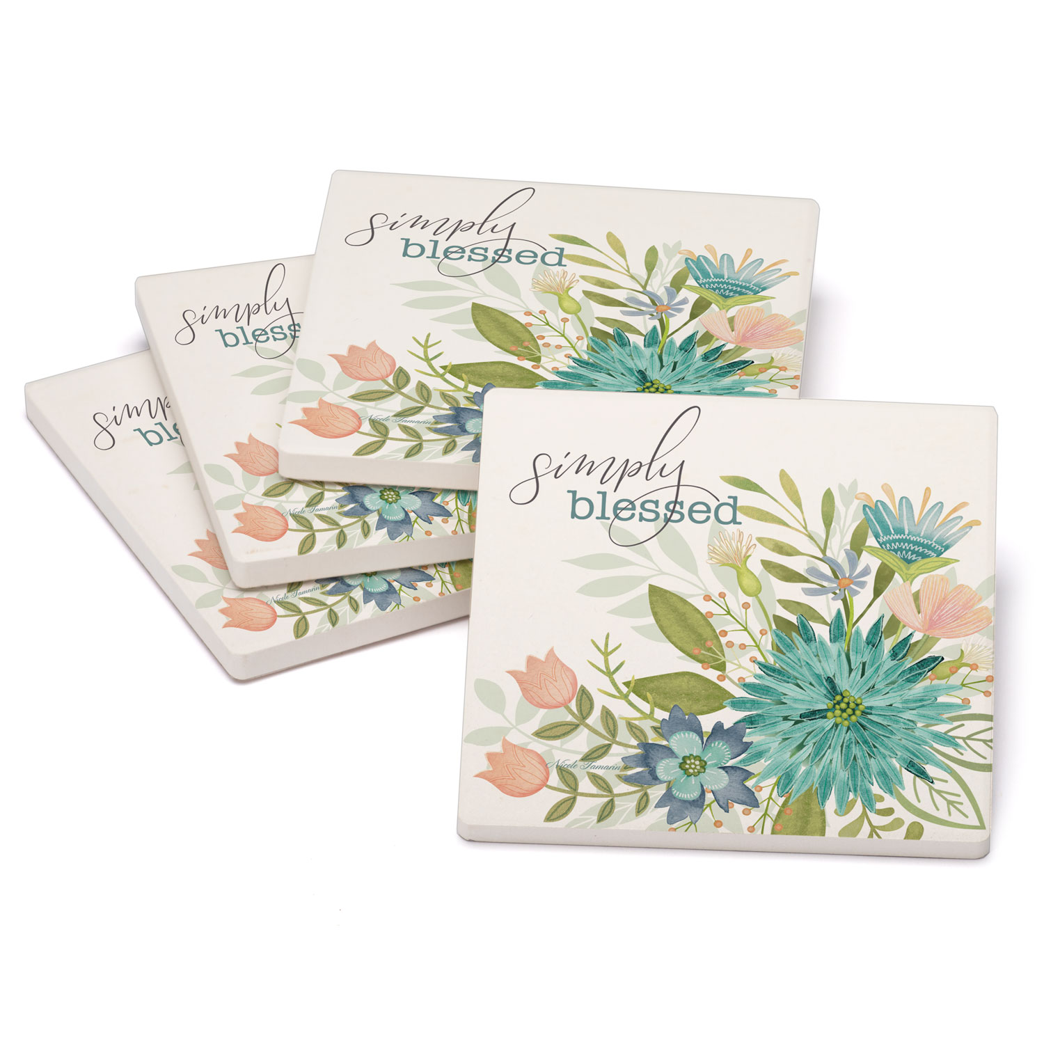 Conimar Simply Blessed Stoneware Coasters with Cork Bottom， in Blues， Teals， Greens and Pinks， 4Pk