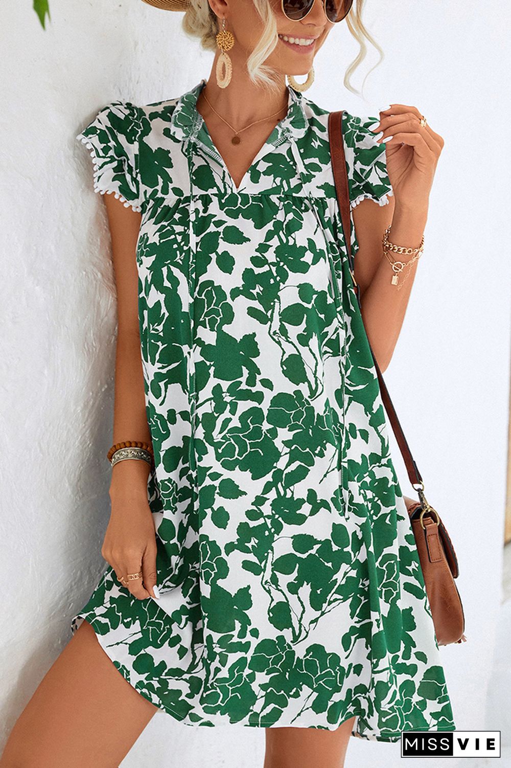 Split Collar Ruffles Floral Dress