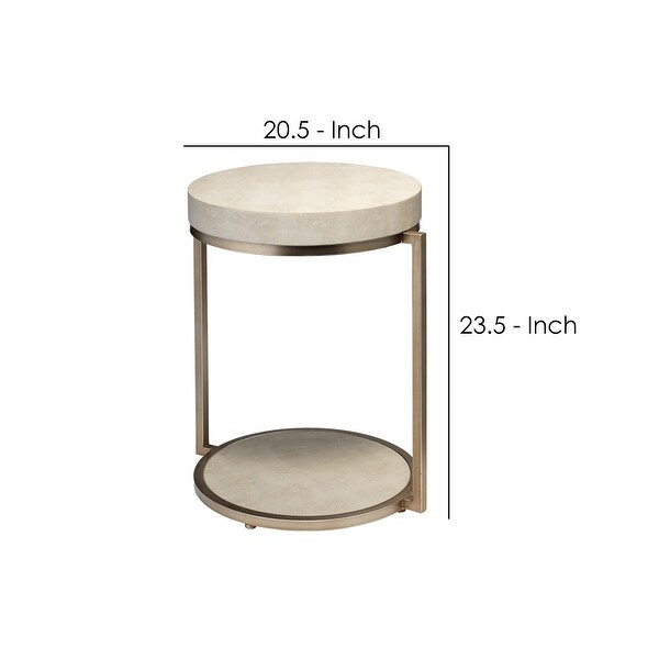 Metal Side Table with Round Top and Bottom， White and Gold