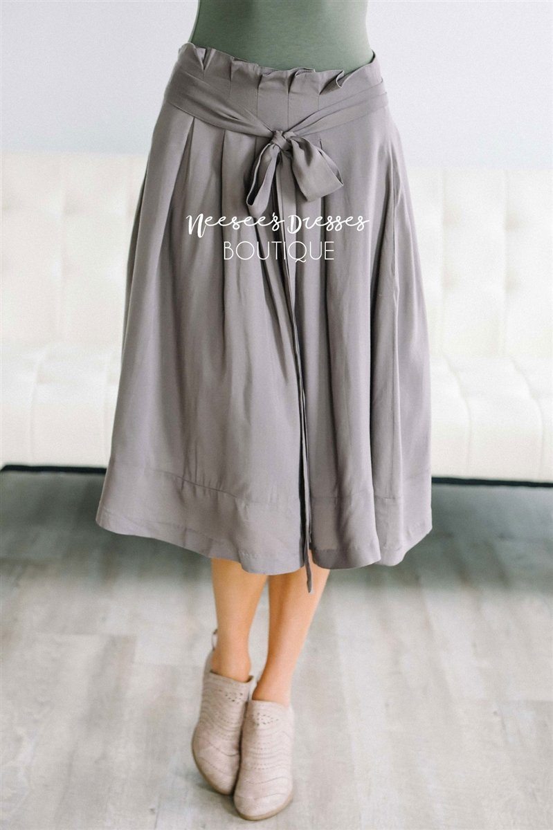 Muted Gray Tie Waist Full Skirt