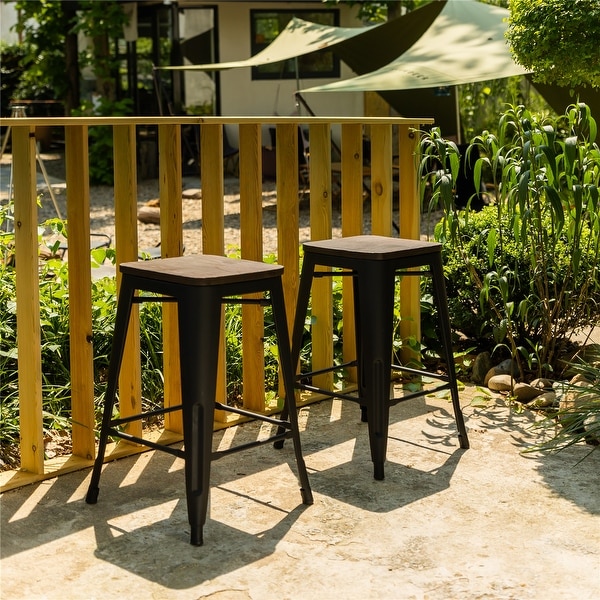 Homy Casa Stackable Metal Counter Stools with Solid Wood Seat