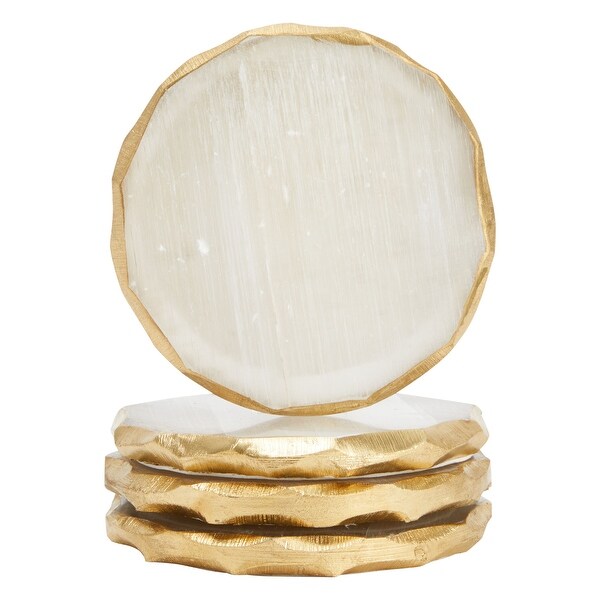 4 Pack Natural Selenite Crystal Coasters for Drinks， Geode Slices with Gold Painted Edge (3.75-4 In)