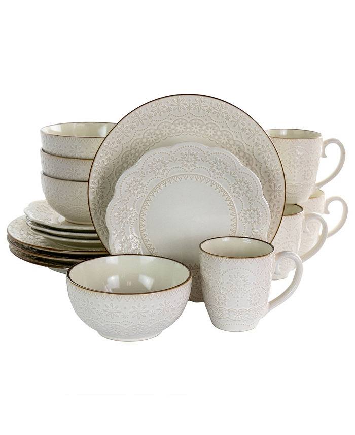 Elama Sophie Embossed Scalloped 16 Piece Stoneware Dinnerware Set Service for 4