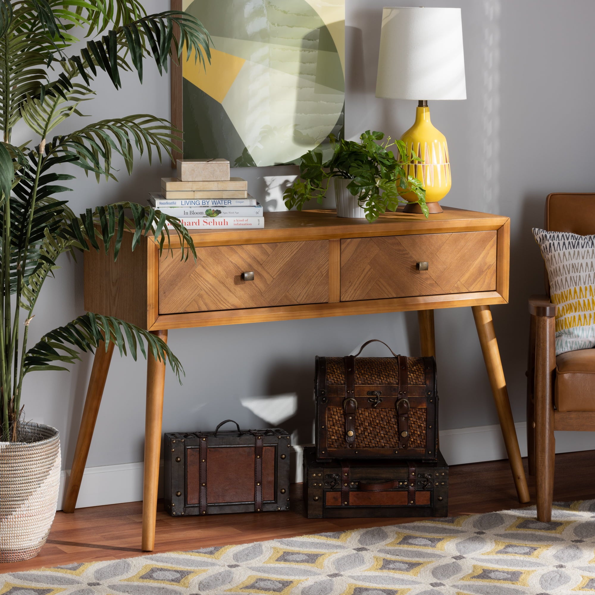 Baxton Studio Mae Mid-Century Modern Natural Brown Finished Wood 2-Drawer Console Table