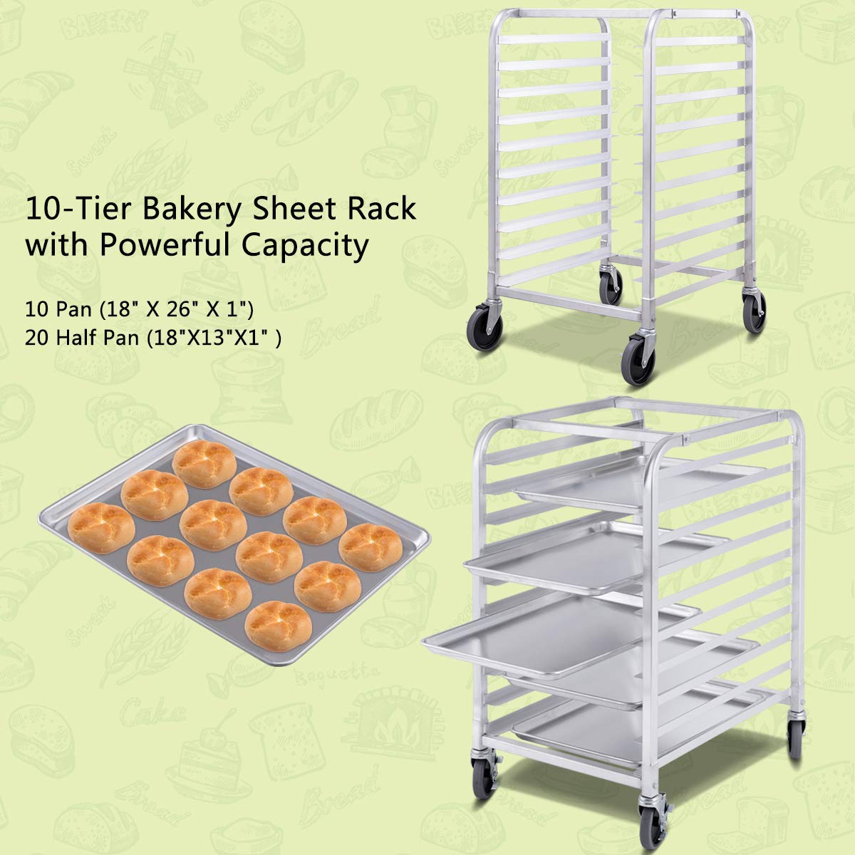 10 Tier Aluminum Bakery Rack Home Commercial Kitchen Bun Pan Sheet Rack Mobile Sheet Pan Racking Trolley Storage Cooling Rack w/ Lockable Casters