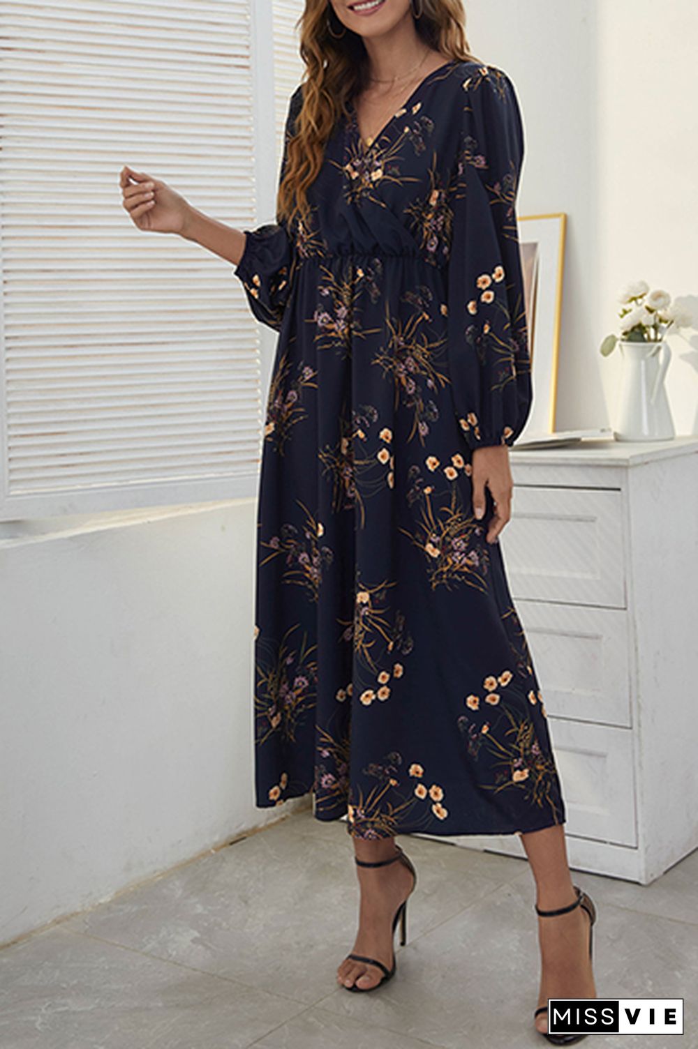 Elegant Floral Split Joint Fold V Neck A Line Dresses