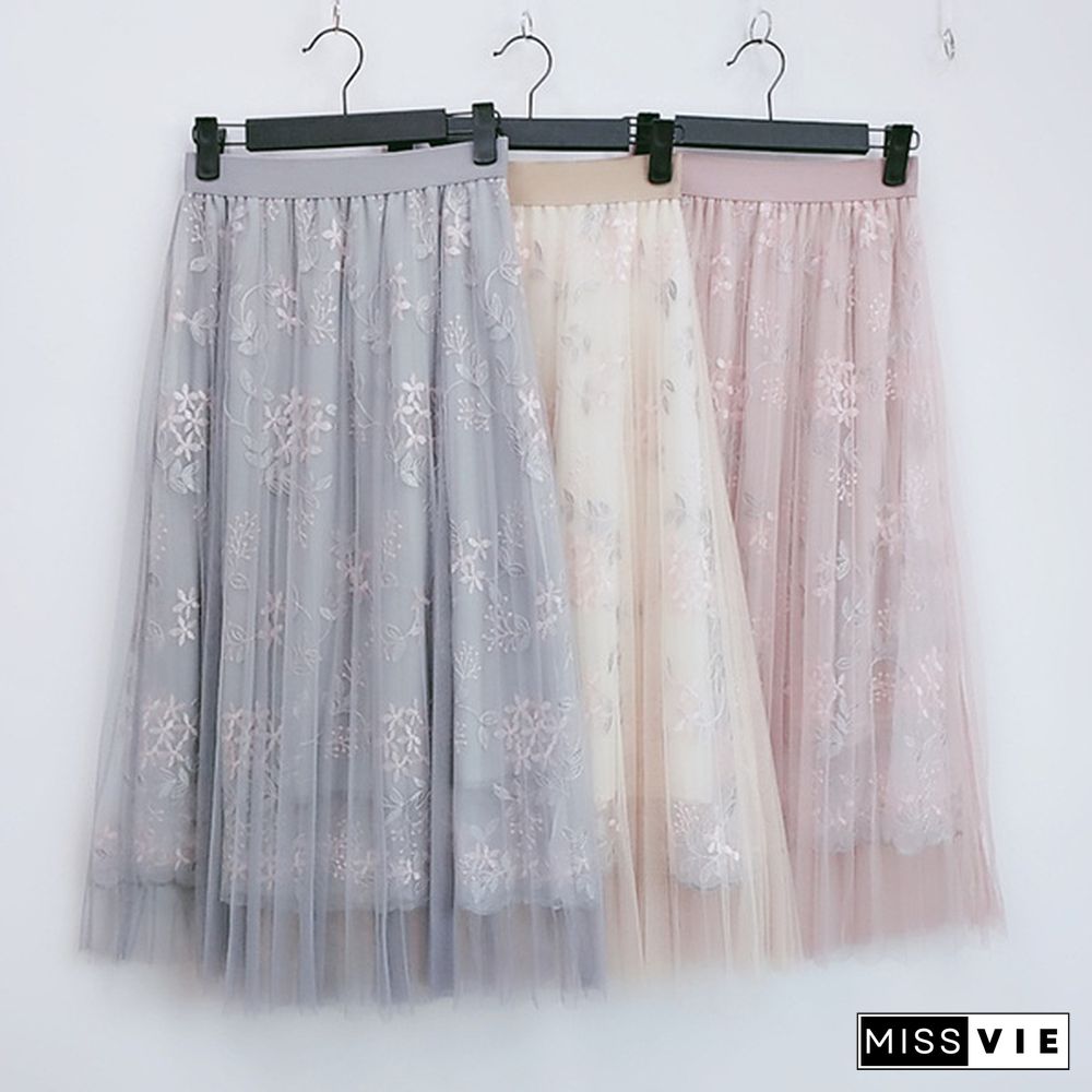 Spring And Summer Korea Mesh Skirt Skirt Heavy Work Embroidery High Waist One Word Long Skirt Fairy Skirt