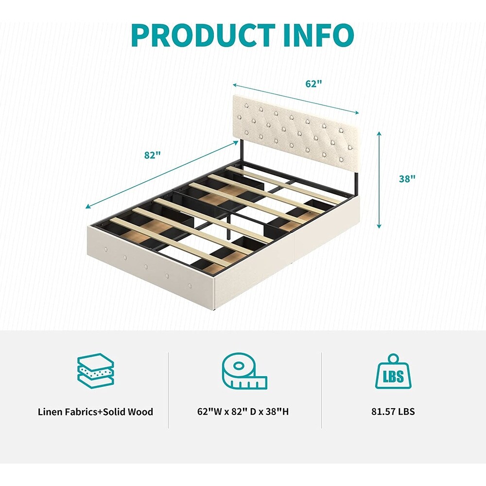 Mixoy Upholstered Platform Bed Frame with 4 Built in Storage Drawers   Adjustable Headboard