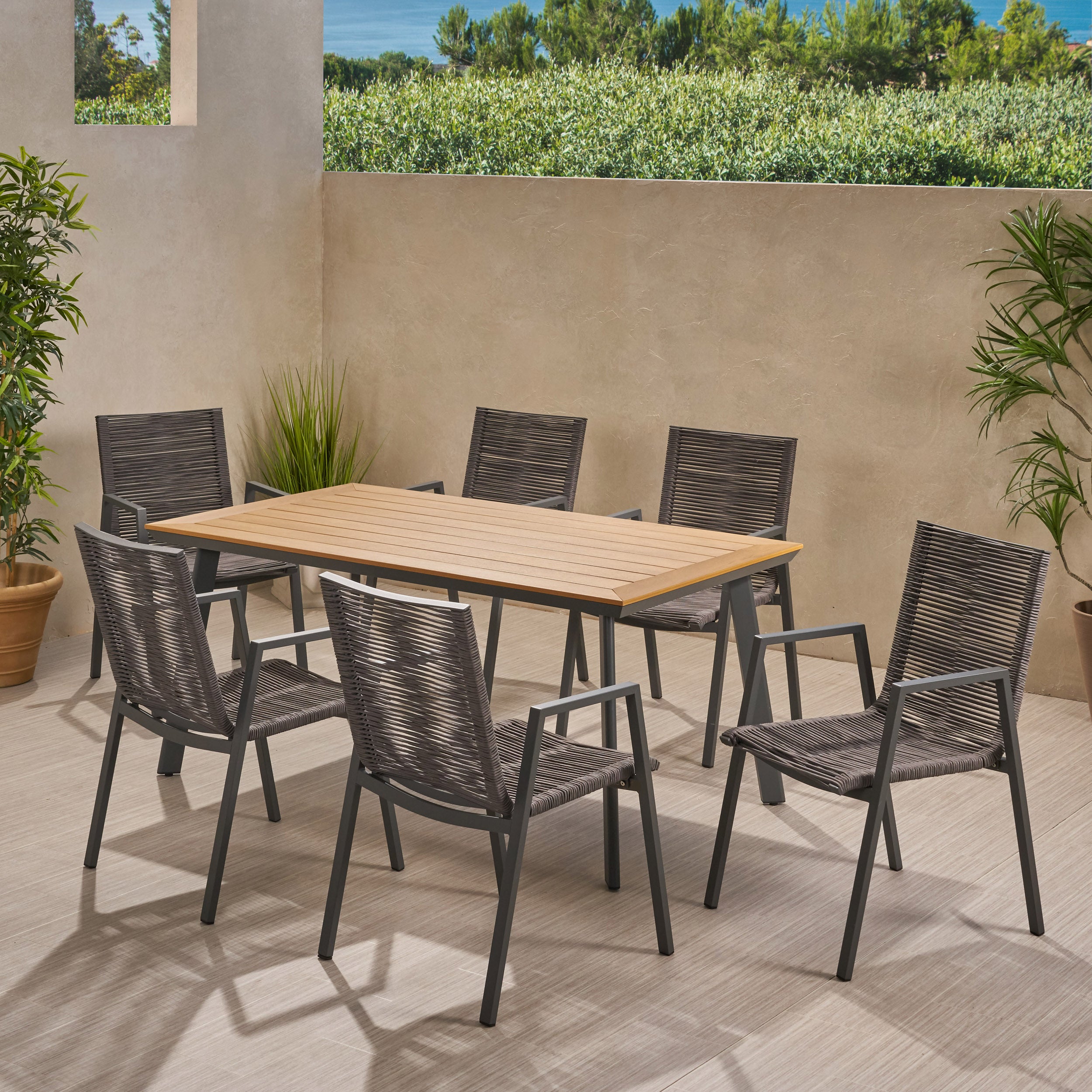 Asir Outdoor Modern 6 Seater Aluminum Dining Set with Faux Wood Table Top