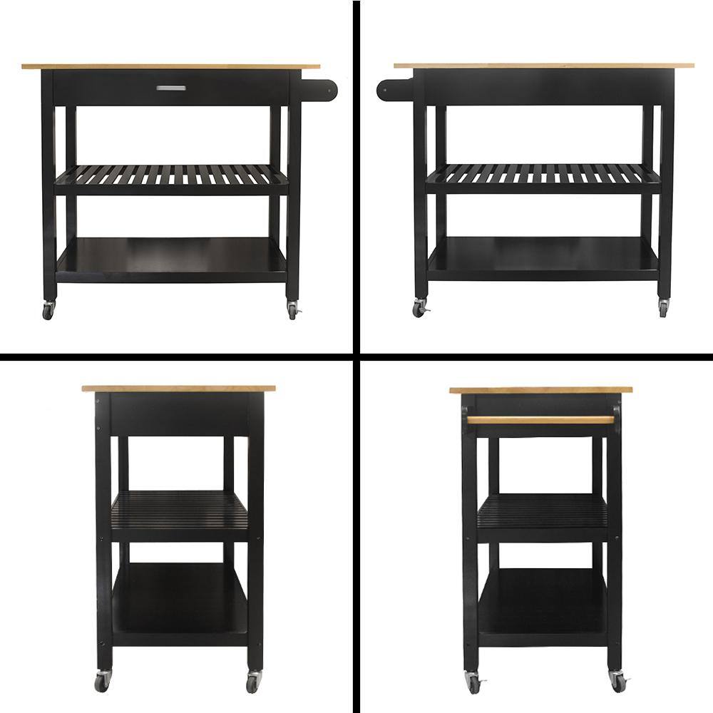 FAMYYT Black Wood Countertop 40 in. Kitchen Island with Large Drawers XJ-KS420BK-L