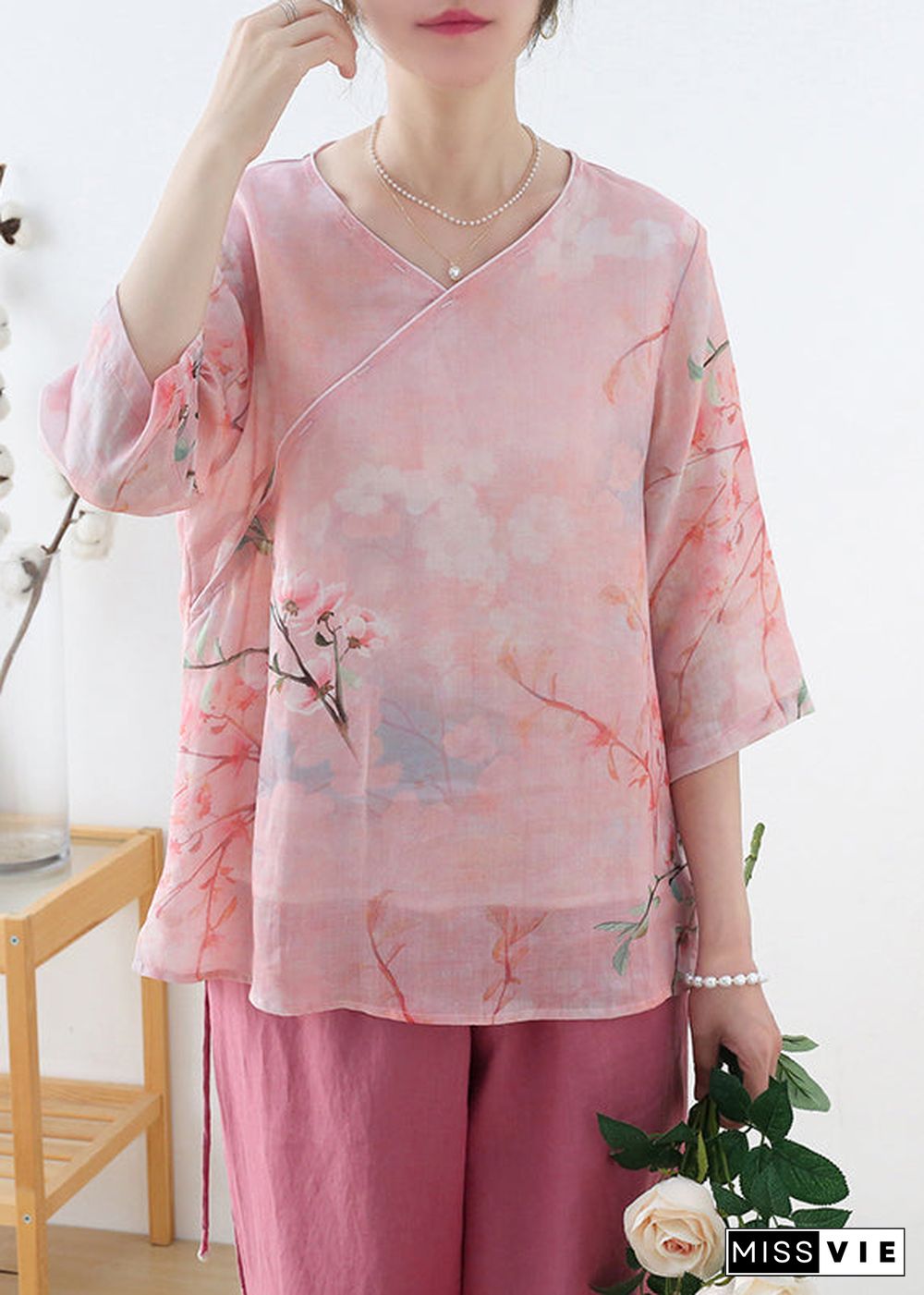 Elegant Pink V Neck Print Linen Shirt Top Half Sleeve