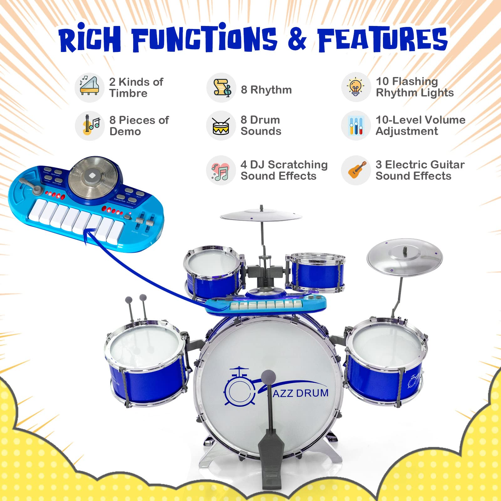 Costzon Kids Drum Keyboard Set with Stool & Microphone Stand, Jazz Drum Set with Cymbal