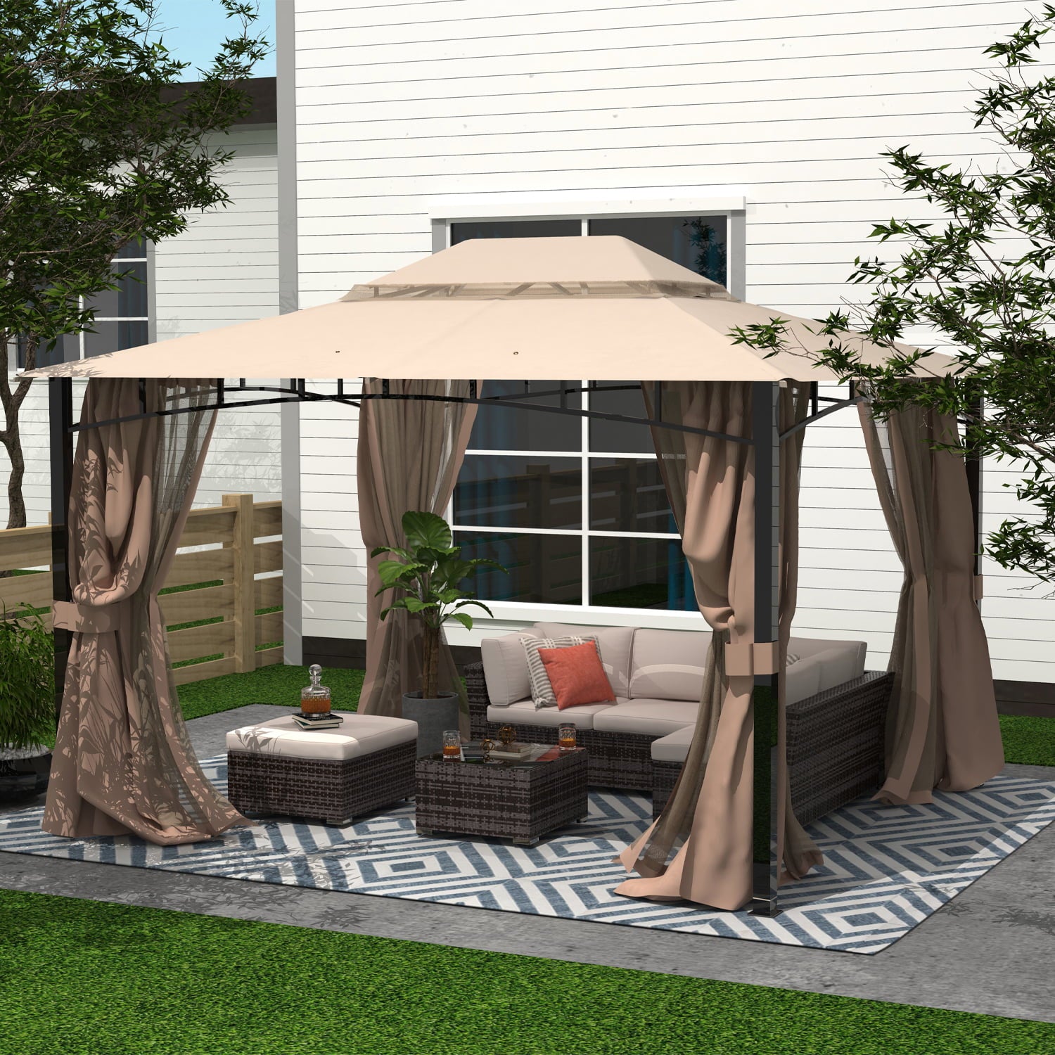 Finefind 10x12 Patio Gazebo with Mosquito Netting Outdoor Gazbeo Canopy Backyard Double Roof Vented, Sand