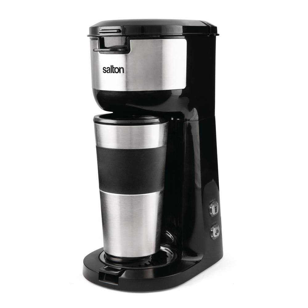 Salton 1.75-Cup 2-in-1 Black 1-Touch Single Serve Travel Coffee Maker with LED Buttons FC1952