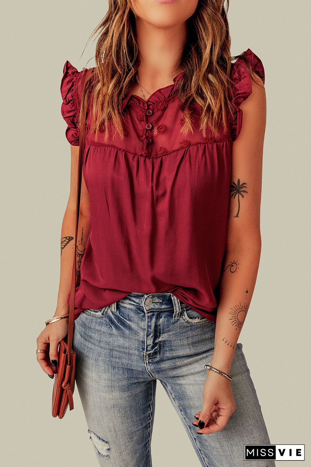 Red Ruffled Swiss Dot Mesh Yoke Tank Top