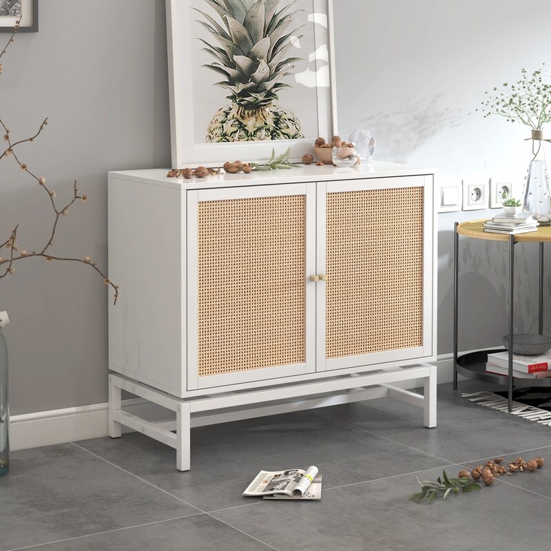 Rattan Sideboard Buffet Accent Cabinet with 2 Doors  1 Adjustable Inner Shelves for Entryway  Living Room