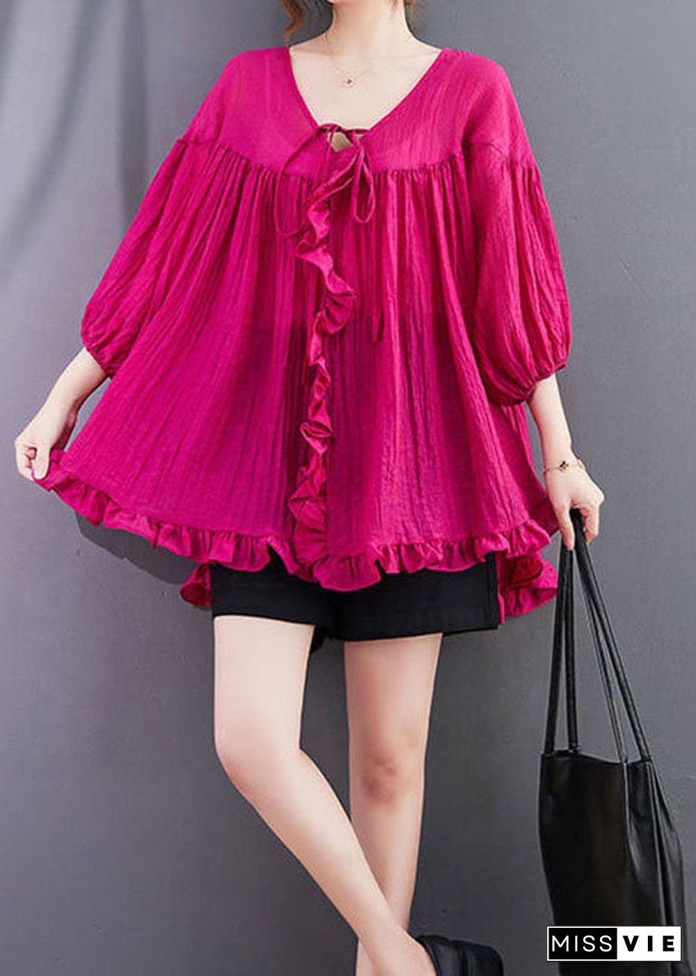 Loose Rose Ruffled Patchwork Lace Up Cotton Shirts Top Summer