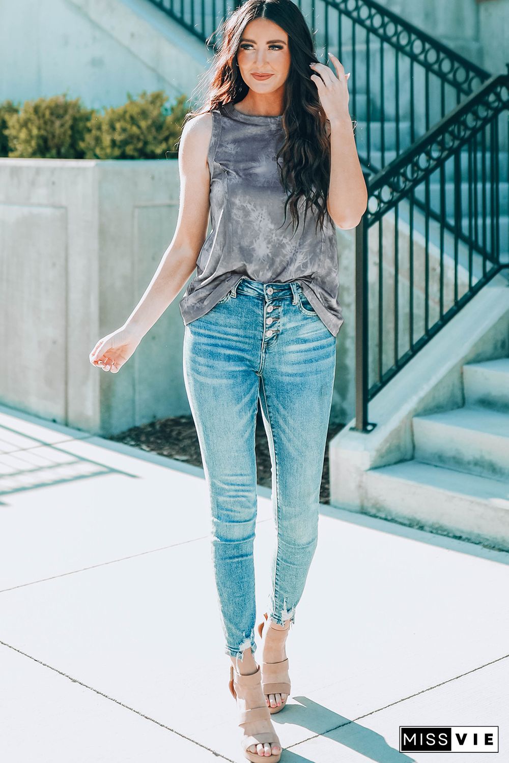 Gray Tie Dye Print Seamed Crew Neck Tank Top