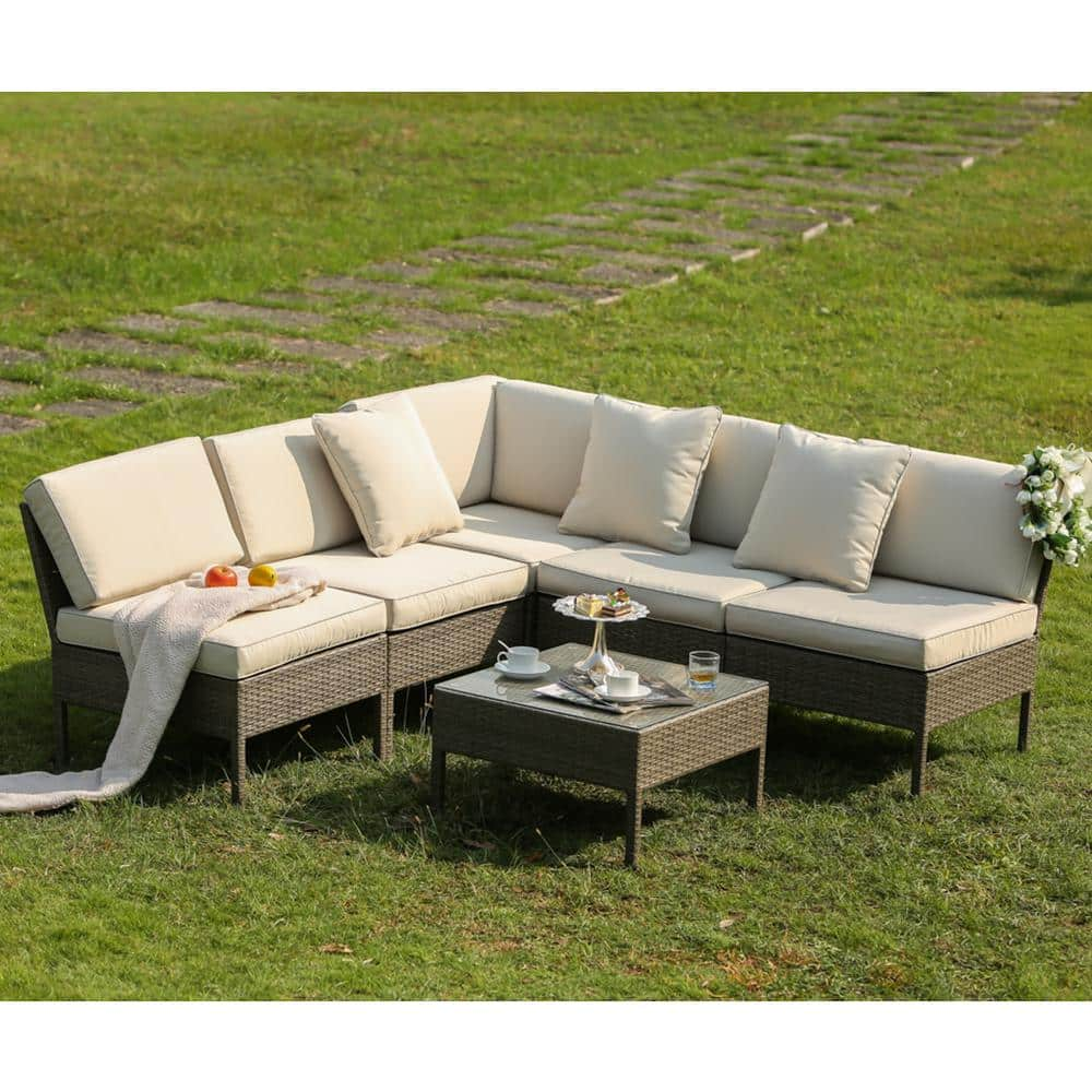 Patio Festival 6-Piece Wicker Outdoor Sectional Set with Off-White Cushions PF18237